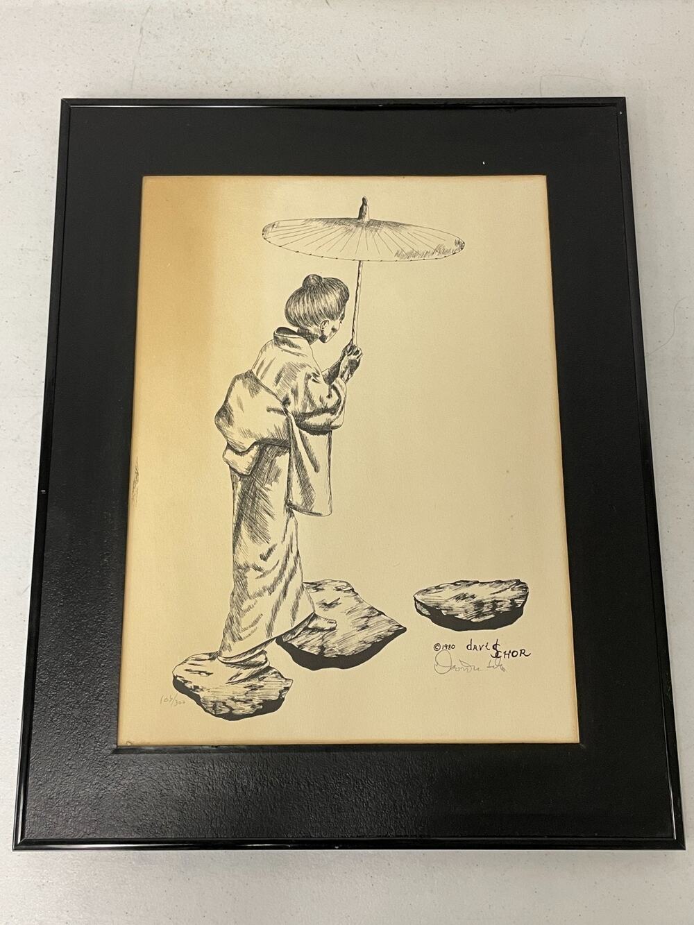 Japanese Woman DAVID SCHOR Original Pencil Drawing Print Signed Framed